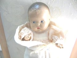 12'' CIRCA 40S ALL COMPO BABY DOLL, ONESIE, VINTAGE GOWN